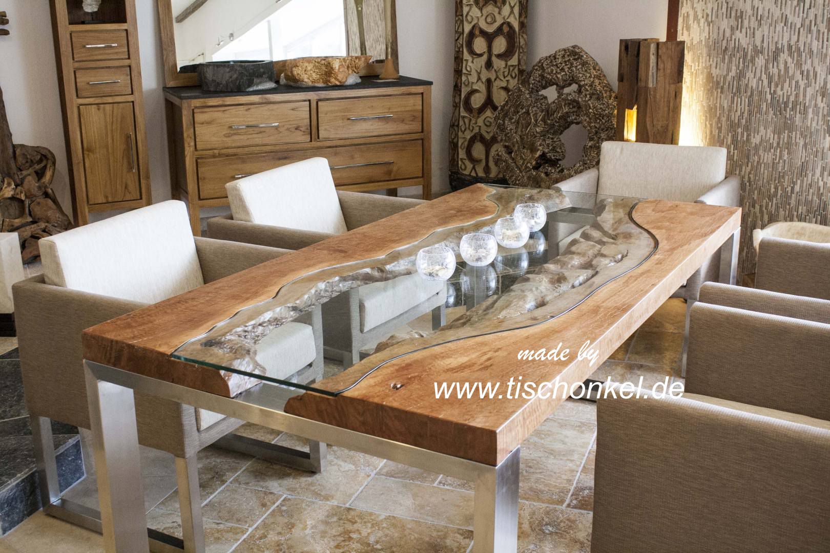 Esstisch "elements" aus massivholz, edelstahl und glas : der ...