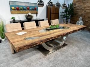 Esszimmertisch aus Altholz "Deep Island" ca. 300 x 110 x 77 cm mit einem Tischgestell aus Edelstahl und Glaseinlagen