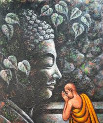 Handgemaltes Ölgemälde auf Leinwand "Meditierender Mönch vor Buddha" ca. 100 x 120 x 4 cm