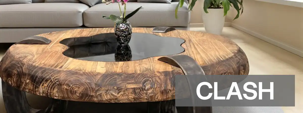 Couchtisch CLASH – runder Massivholz-Couchtisch mit mittigem Glaseinleger von GERKEN Wohndesign