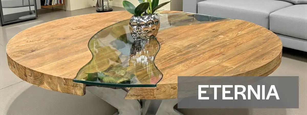 Exklusiver runder Massivholz-Couchtisch mit Edelstahlgestell