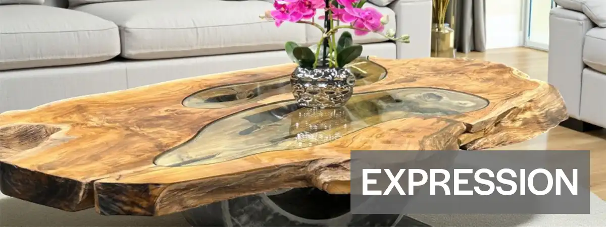 Exklusiver runder Massivholz-Couchtisch mit Edelstahlgestell