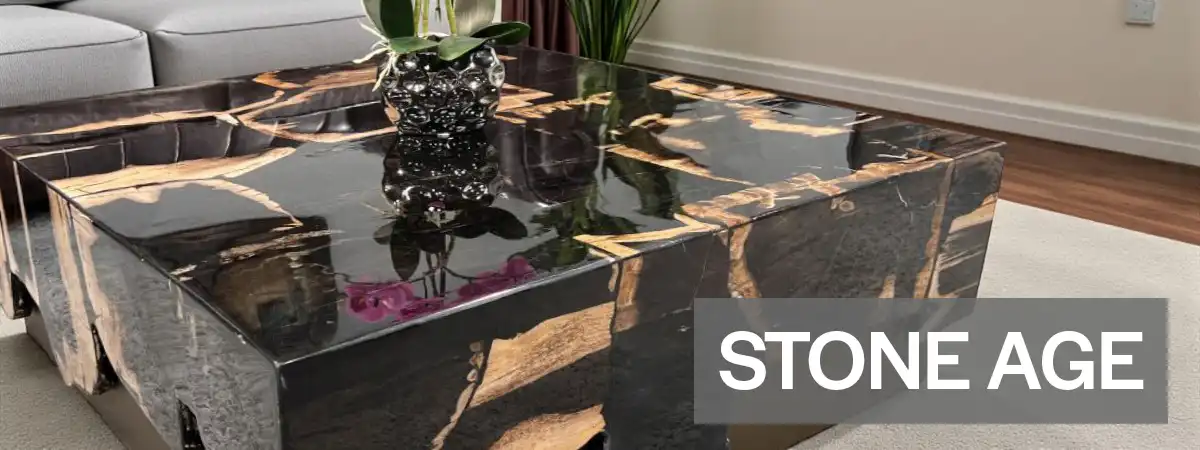 Couchtisch „Stone Age“ aus massivem versteinerten Holz aus der Urzeit