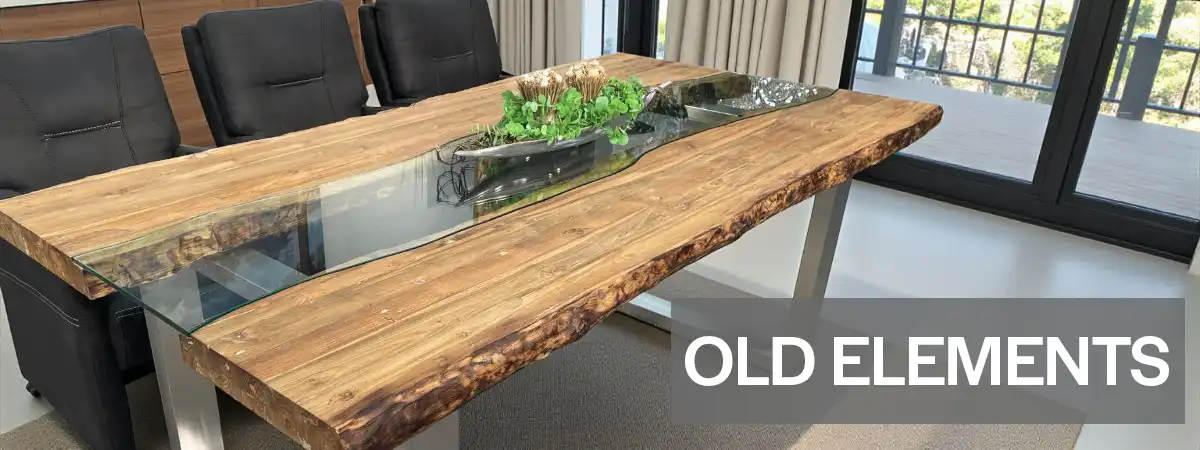 Esstisch Old Elements eckig aus Holz mit edler Glaseinlage