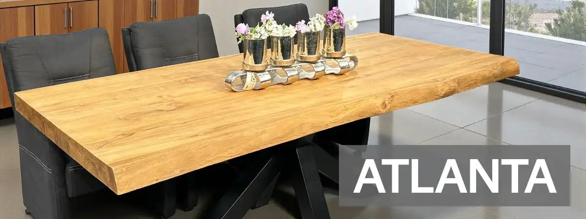 Esszimmertisch Atlanta mit Baumkante aus massivem Teakholz
