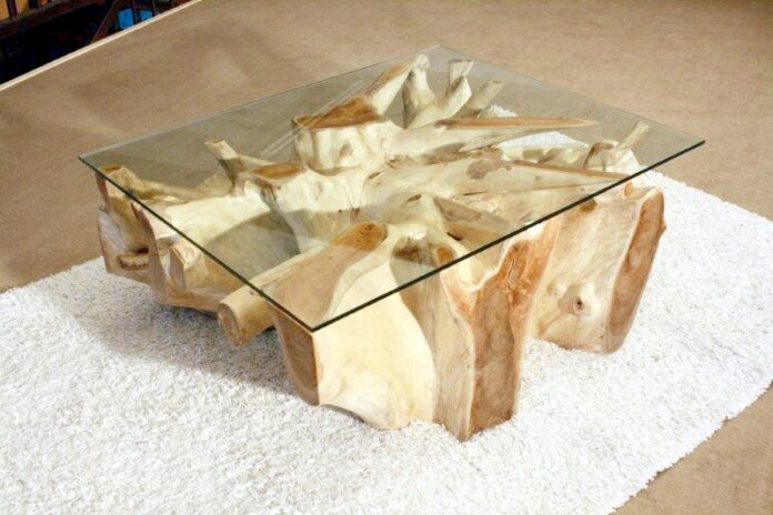 Tisch Baumwurzel Glasplatte