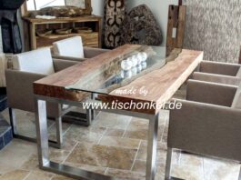 Designtisch aus massiven Baumscheiben „Litschi“ mit Glas und Edelstahl Designtisch mit Edelstahl und Glas