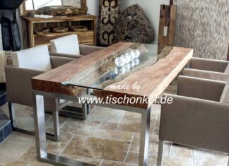 Designtisch aus massiven Baumscheiben „Litschi“ mit Glas und Edelstahl Designtisch mit Edelstahl und Glas