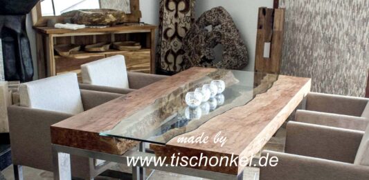 Designtisch aus massiven Baumscheiben „Litschi“ mit Glas und Edelstahl Designtisch mit Edelstahl und Glas