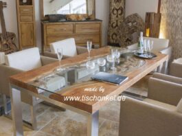 Esstisch „Elements“ aus Massivholz, Edelstahl und Glas Esstisch Elements