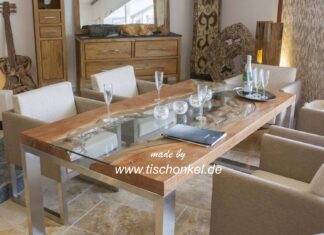 Esstisch „Elements“ aus Massivholz, Edelstahl und Glas Esstisch Elements