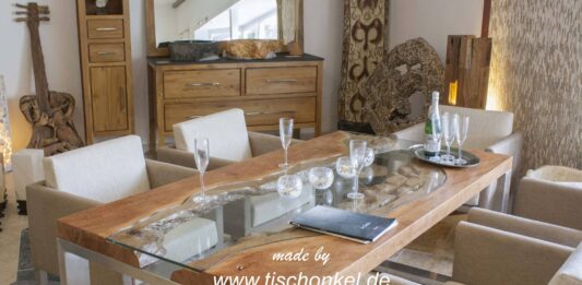 Dining table „Elements“ made of solid wood, stainless steel and glass Dining table Elements