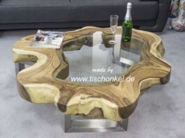 Designer Couchtisch Baumscheibe mit Glas Designer Couchtisch