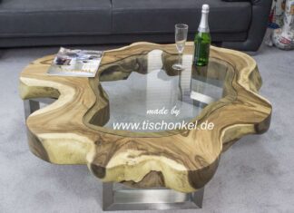 Designer Couchtisch Baumscheibe mit Glas Designer Couchtisch
