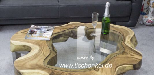 Mesa de café de diseño sección de árbol con vidrio Mesa de café de diseño