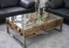 Couchtisch aus Altholz mit Edelstahl und Glas Couchtisch aus Altholz mit Edelstahl