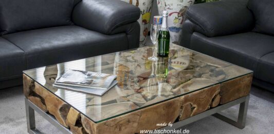 Mesa de café de madera reciclada con acero inoxidable y vidrio Mesa de café de madera reciclada con acero inoxidable