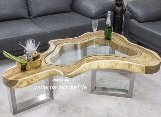 Couchtisch „Clash“ aus einem Baumstamm mit Glas (140 x 100 cm) Couchtisch Clash