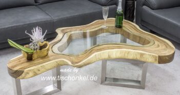 Couchtisch „Clash“ aus einem Baumstamm mit Glas Couchtisch Clash