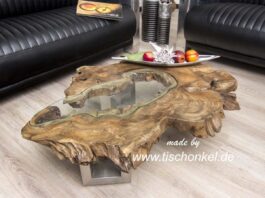 Salontafel van een boomschijf (teak) met glazen inzet Salontafel