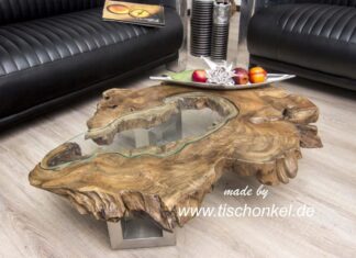 Couchtisch aus einer Baumscheibe (Teak) mit Glaseinleger Couchtisch