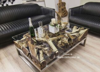 Couchtisch aus einer Baumwurzel mit Edelstahl und Glas Couchtisch aus einer Baumwurzel