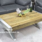 Couchtisch Crossleg mit recyceltem Holz und Edelstahl