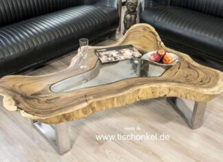 Couchtisch Clash aus einem massiven Baumstamm Couchtisch Clash mit Glasscheibe und einem Tischgestell aus gebürstetem Edelstahl aussergewöhnliches Design
