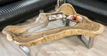 Couchtisch Clash aus einem massiven Baumstamm Couchtisch Clash mit Glasscheibe und einem Tischgestell aus gebürstetem Edelstahl aussergewöhnliches Design