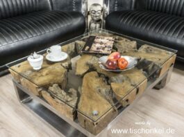 Couchtisch aus Glas mit Baumwurzel Couchtisch aus Glas mit Baumwurzel