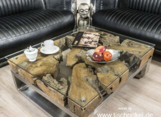 Couchtisch aus Glas mit Baumwurzel Couchtisch aus Glas mit Baumwurzel