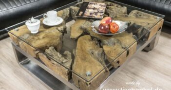 Couchtisch aus Glas mit Baumwurzel