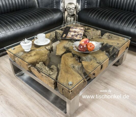 Couchtisch aus Glas mit Baumwurzel Couchtisch aus Glas mit Baumwurzel