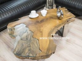 Mesa de café de un tocón (baumscheibe) Mesa de café de un tocón de teca con inserto de vidrio y estructura de acero inoxidable