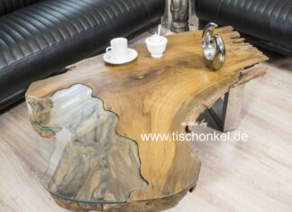 Couchtisch aus einem Baumstumpf (Baumscheibe) Couchtisch aus einem Baumstumpf Teak mit Glaseinleger und Tischgestell aus Edelstahl