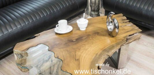 Table basse en souche d'arbre (tronc d'arbre) Table basse en tronc d'arbre en teck avec insert en verre et piètement en acier inoxydable