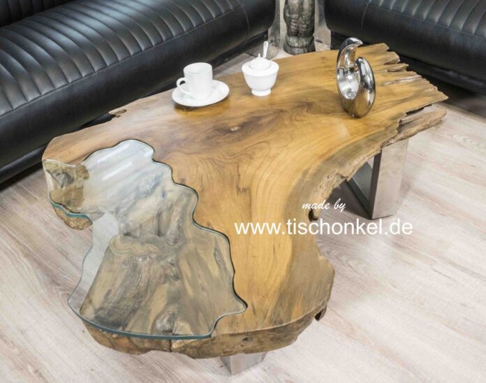 Couchtisch aus einem Baumstumpf Teak mit Glaseinleger und Tischgestell aus Edelstahl