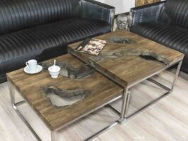 Couchtisch ausziehbar aus Massivholz mit Edelstahl Couchtisch ausziehbar