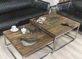 Couchtisch ausziehbar aus Massivholz mit Edelstahl Couchtisch ausziehbar