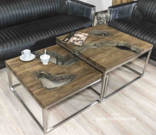 Couchtisch ausziehbar aus Massivholz mit Edelstahl Couchtisch ausziehbar
