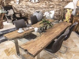 Mesa de diseño de madera reciclada „Old Elements“ con base de acero inoxidable Diseño de mesa de comedor de madera reciclada