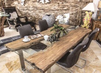 Design Esstisch aus Altholz „Old Elements“ mit Edelstahlgestell Design Esstisch aus Altholz