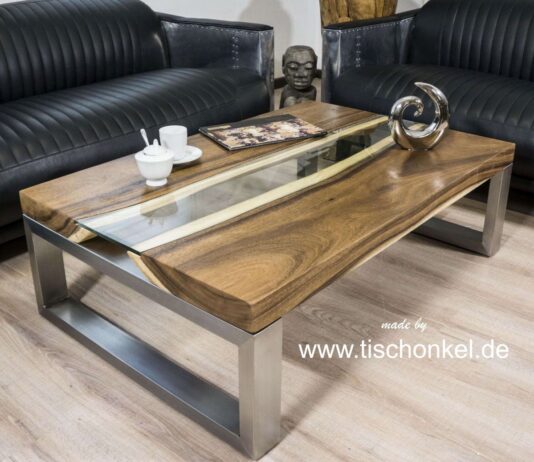 Stijlvolle salontafel van de serie Elements met glazen blad en roestvrijstalen frame Stijlvolle salontafel uit de serie Elements