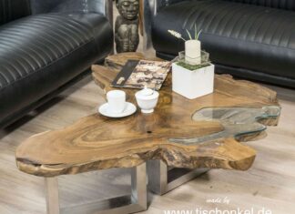 Couchtisch aus einer Baumscheibe Teak Couchtisch Teak Baumscheibe mit Edelstahlgestell und Glas