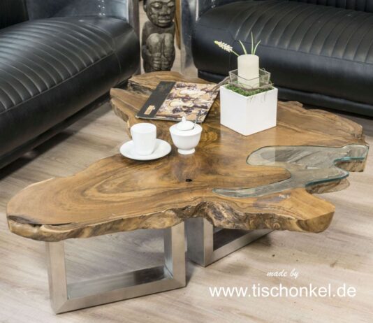 Couchtisch aus einer Baumscheibe Teak Couchtisch Teak Baumscheibe mit Edelstahlgestell und Glas
