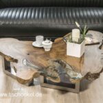 Couchtisch Teak Baumscheibe mit Edelstahlgestell und Glas mit Edelstahlgestell und Glas