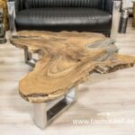 Couchtisch Teak Baumscheibe mit Edelstahlgestell und Glas