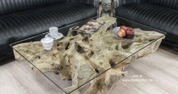 Schicker Couchtisch aus einer Baumwurzel mit Glassplatte