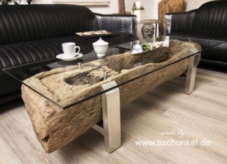 Antiker Couchtisch aus einem alten Reismörser (140 cm) Antiker Couchtisch