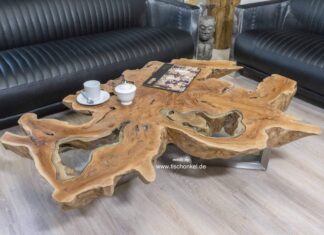 Couchtisch aus einer Baumscheibe mit Glas 120 x 80 cm aus Litschi Couchtisch aus einer Baumscheibe mit Glas